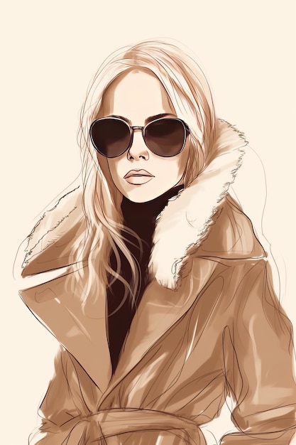 Fashion blond hair woman Beautiful girl in sunglasses Stylish girl in coat Fashion illustration