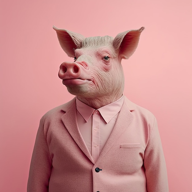 Фото Модный кабан-свинья в костюме розовый монохромный портрет generative ai