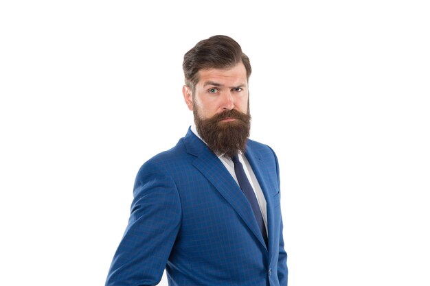 Fashion boutique. Elevate your daytime look with suit. Successful man in suit. Business man wear suit. Serious bearded man. Handsome hipster expensive clothes white background. Menswear concept.