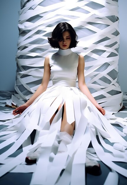 トイレットペーパーで作られた白いドレスを着たファッションブライド
