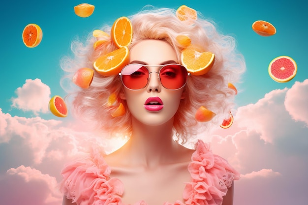 fashion bright beautiful summer girl with a flying juicy oranges posing sky background summer cover