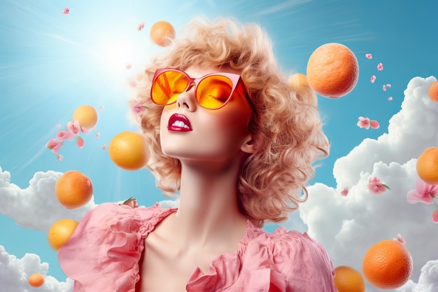 Photo fashion bright beautiful summer girl with a flying juicy oranges posing sky background summer cover