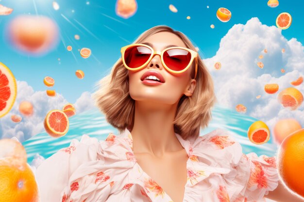 fashion bright blond summer girl with a flying juicy grapefruits posing sky background summer cover