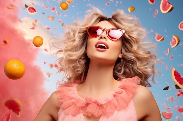 Модная блестящая блондинка летом с летающими сочными грейпфрутами, позирующими на небе, на фоне летней обложки.