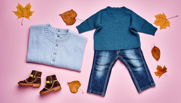 Foto abbigliamento di moda per bambini scarpe a maglia maglione jeans stivali di suede