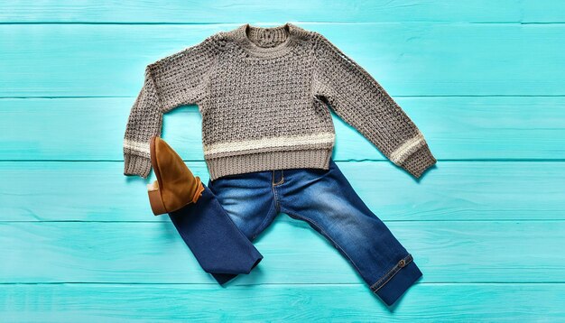 Foto abbigliamento di moda per bambini scarpe a maglia maglione jeans stivali di suede