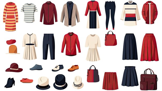 fashion clothes set garment accessory for men women different apparel collection modern casual dress pants jacket shoes and bags flat graphic illustration isolated on white background