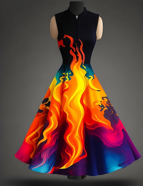 Fashion clothes smoky Fire girl gown frock orange black red dress