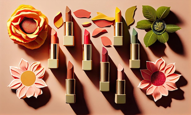 Fashion colorful lipsticks sun shadows from flowers on beige background flat lay top view Beauty and cosmetics background generative AI