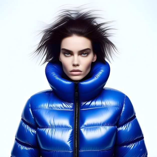 Фото Модная рекламная съемка женской модели в пушистой современной модной куртке