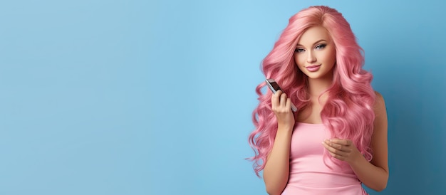 Photo fashion concept with a beautiful girl in doll fashion blue background long pink hair holding phone