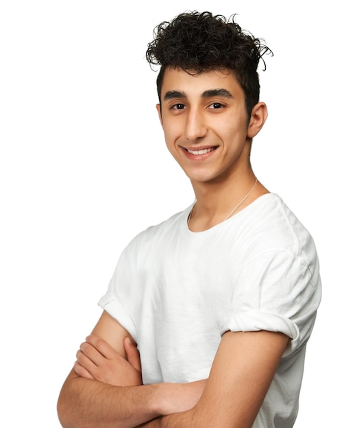 Fashion confident and portrait of man in studio with smile happiness and pride on white background Crossed arms happy and face of isolated young male person in trendy casual clothes in Armenia