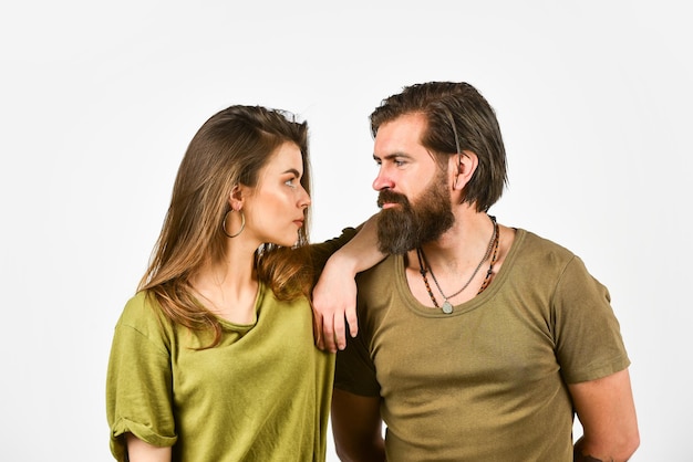 Fashion couple in love. mature brutal hipster embrace pretty woman. sexy girl with handsome bearded man. hair beauty style. romantic relations and friendship. at hairdresser salon.
