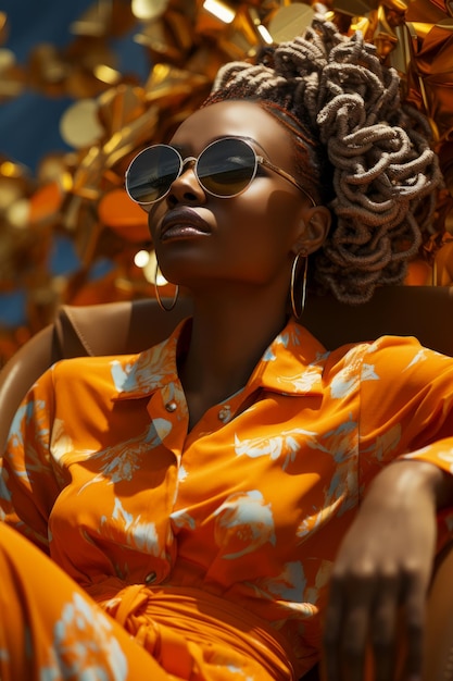 fashion cover of attractive African American black woman in trendy sunglasses and orange outfit