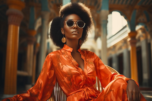 fashion cover of attractive African American black woman in trendy sunglasses and orange outfit