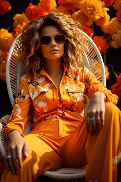 fashion cover of attractive young woman in trendy sunglasses and orange outfit