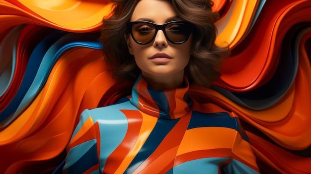 fashion cover brunet model in colorful striped outfit in fashion sunglasses on striped background