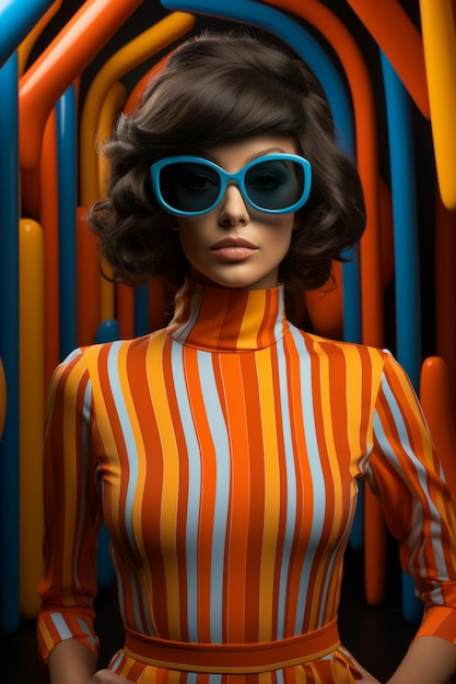 Foto copertina di moda modella bruna in abiti a righe colorate in occhiali da sole alla moda su sfondo a righe