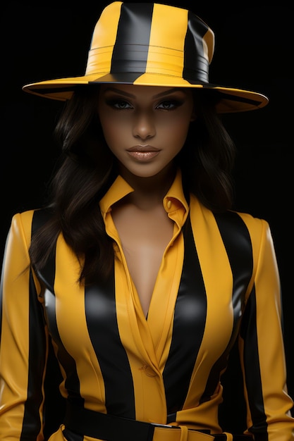 fashion cover mixed race model in yellow and black striped outfit in fashion hat on black background