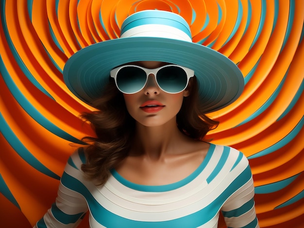 fashion cover model in colorful striped outfit in fashion sunglasses and hat on striped background
