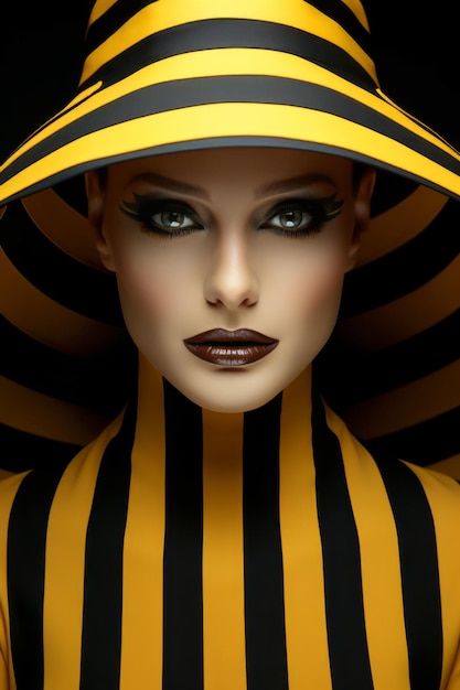 fashion cover model in geel en zwart gestreepte outfit in modehoed op zwarte achtergrond