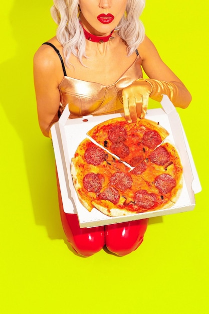 Fashion creative design minimal art pizza addict sexy hungry girl food porn concept