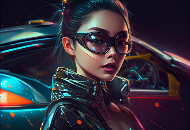 Fashion cyberpunk girl drive a supercar asian woman with future