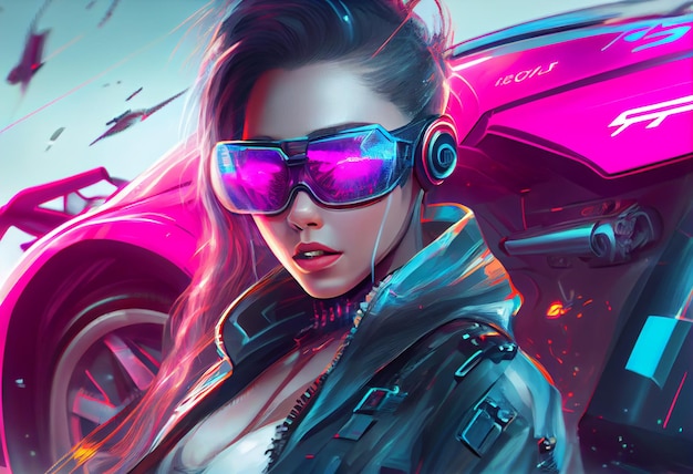 Fashion cyberpunk girl drive a supercar asian woman with future digital glasses realistic Generate Ai