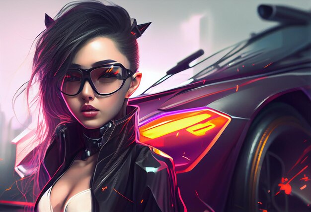 Fashion cyberpunk girl drive a supercar asian woman with future digital glasses realistic Generate Ai