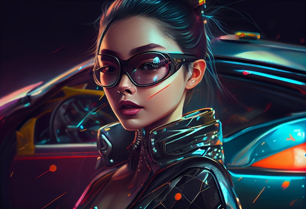 Fashion cyberpunk girl drive a supercar asian woman with future