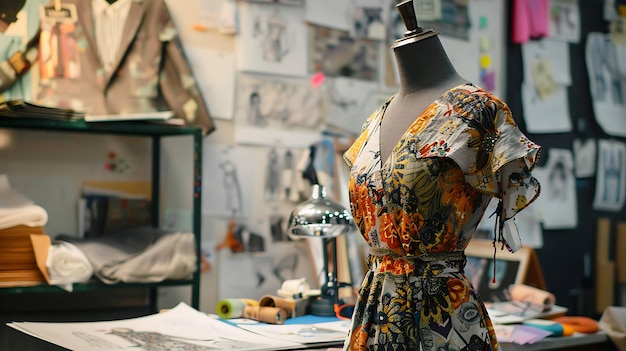 In a fashion design studio a mannequin displays a colorful floral dress with intricate patterns