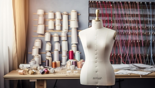 Фото Модная студия, портные, офис, дизайнерская комната в офисе, рабочее место с манекенами для шитья.