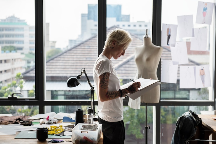 Photo fashion designer drawing, working in a studio