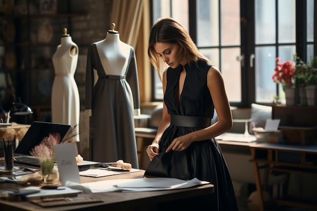 Fashion Designer Inspecting Dresses in the Office Generative AI