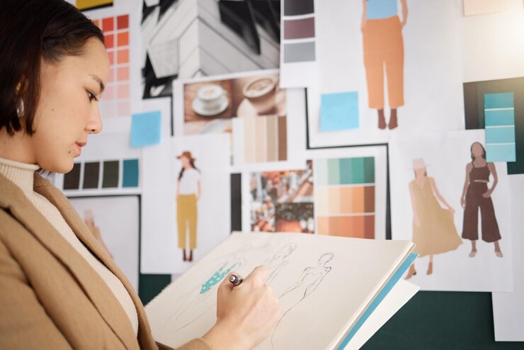 Photo ファッションデザイナーの計画とムードボードから創造的なスケッチの色とアイデアを描く女性服の生産デザインとアジアの労働者またはイラスト開発作業用のパレットを持つ人