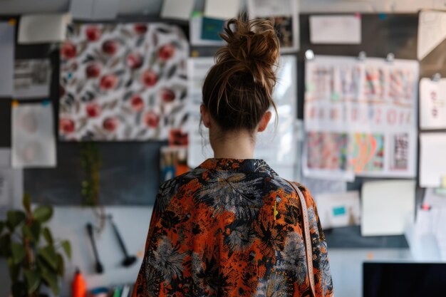 Fashion designer surrounded by sketches fabrics and sewing items