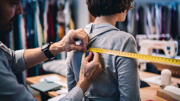 Фото Модный дизайнер берет измерение своих клиентов с желтой измерительной лентой