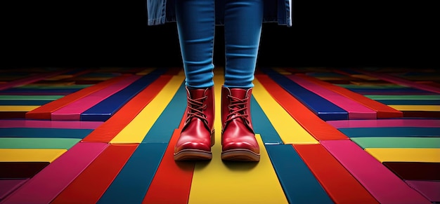 fashion designer on week red boots with rainbow stripes