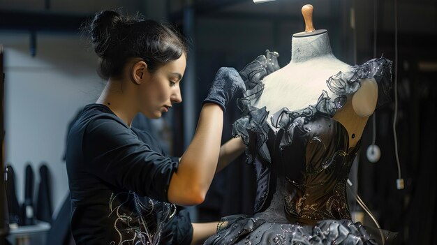 Photo fashion designer working on dress on dummy