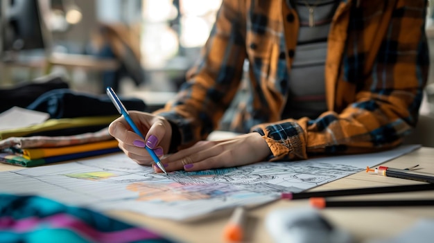 Fashion designer working on a new clothing collection sketching ideas on a stylish studio table