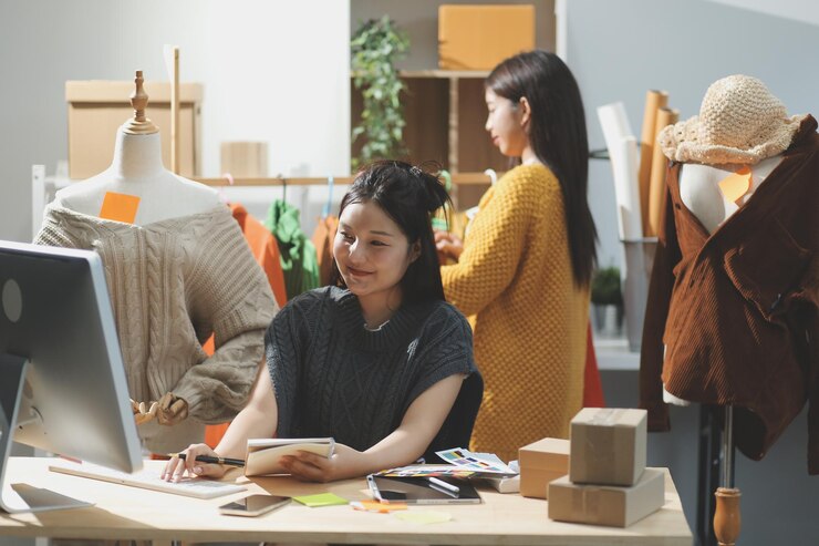 Photo 服裝設計師在工作中 漂亮的年輕女人在服裝設計工作室工作