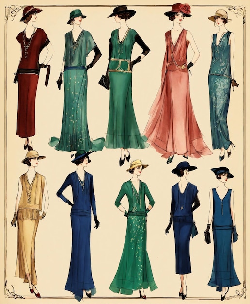 Фото Мода создает 12 различных дизайнов и набросков стиля 1920-х для женской одежды.