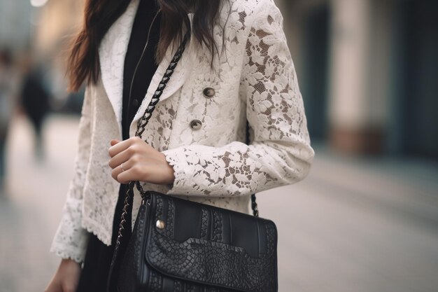 写真 ファッションの詳細は、春秋スタイルの黒い革のジャケットと白いレースのドレスを身に着けている財布を保持しているファッショナブルな衣装で通りを歩いている魅力的な女性のクローズアップ
