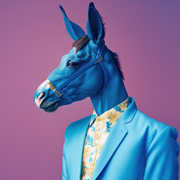 Fashion donkey in suit Blue on purple portrait Generative AI