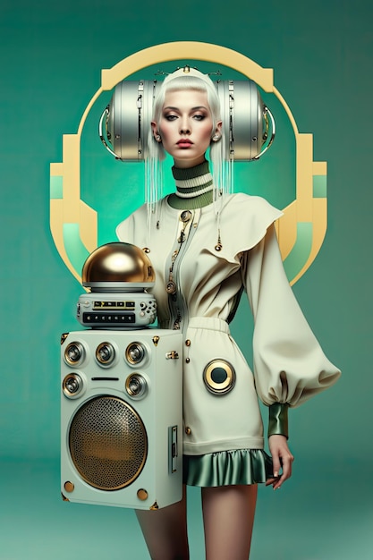 AI が生成した巨大な素晴らしいヘッドフォンを身に着けているファッションの未来的な見た目の女性ディスコ ポスター