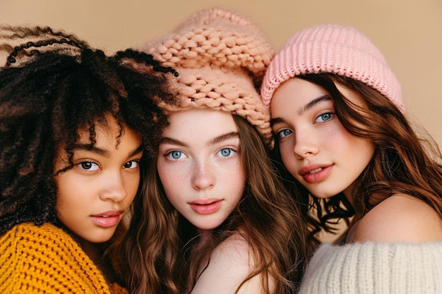 Fashion gen z 4 young women of different ethnicities looking at the camera beauty portrait