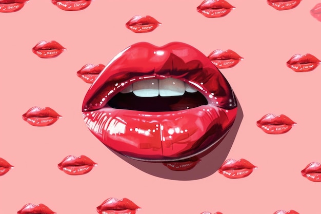 Fashion girl lips creative pop art pattern pastel pink background