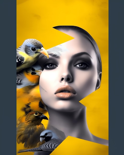 fashion Girl model in Gray and yellow with birds painted skin in yellow fashion photography