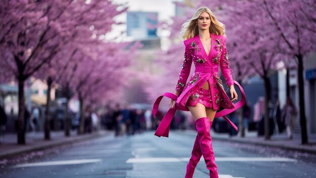 Fashion girl walking in a sping city