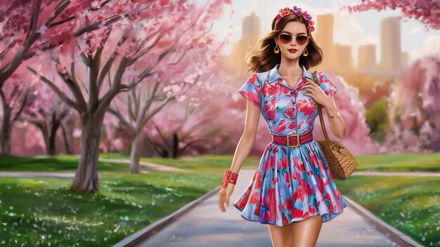 Fashion girl walking in a sspring park